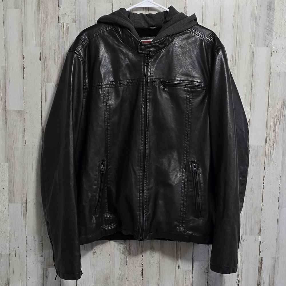 Levis Black Faux Leather Fleece Lined Hooded Zip Up Moto Jacket  Mens Size Large